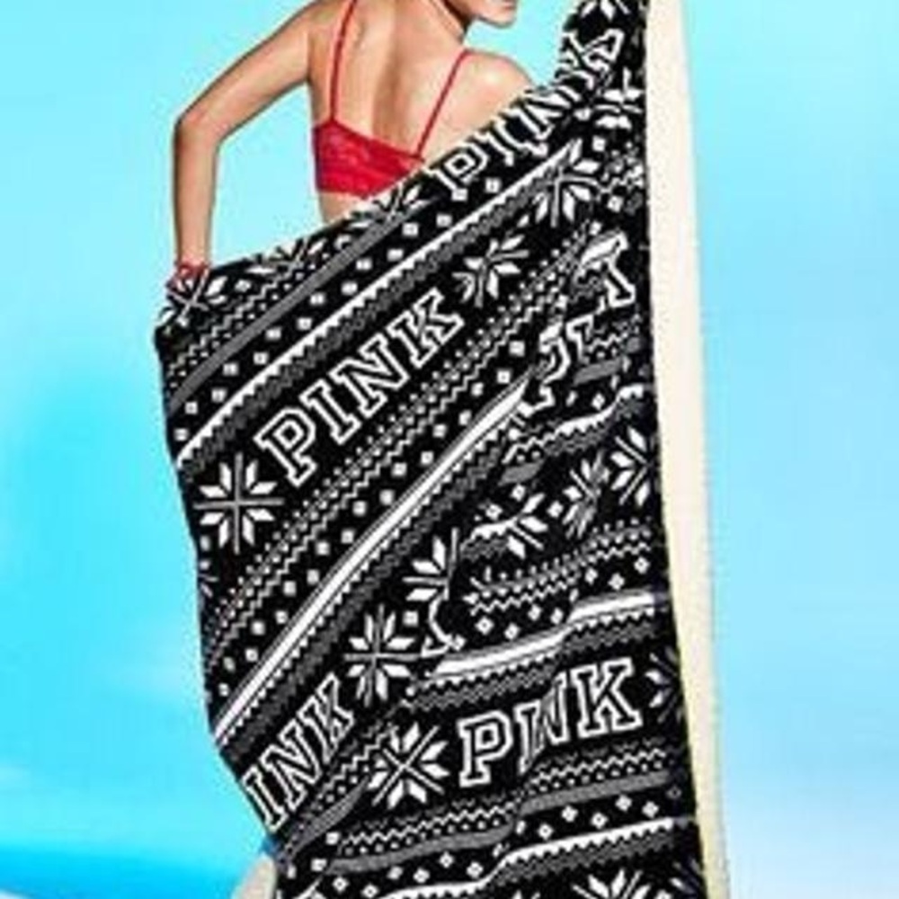 VS Pink Holiday Sherpa Lined Blanket